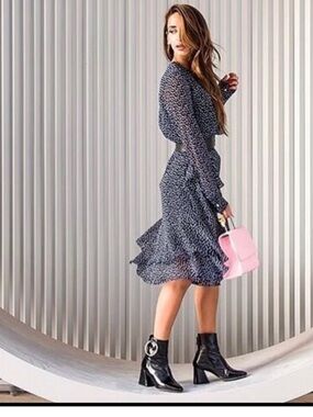 NWOT Andreeva Navy Polka Dot Long Sleeve Ruffle Dress Gold Star Accent XSmall